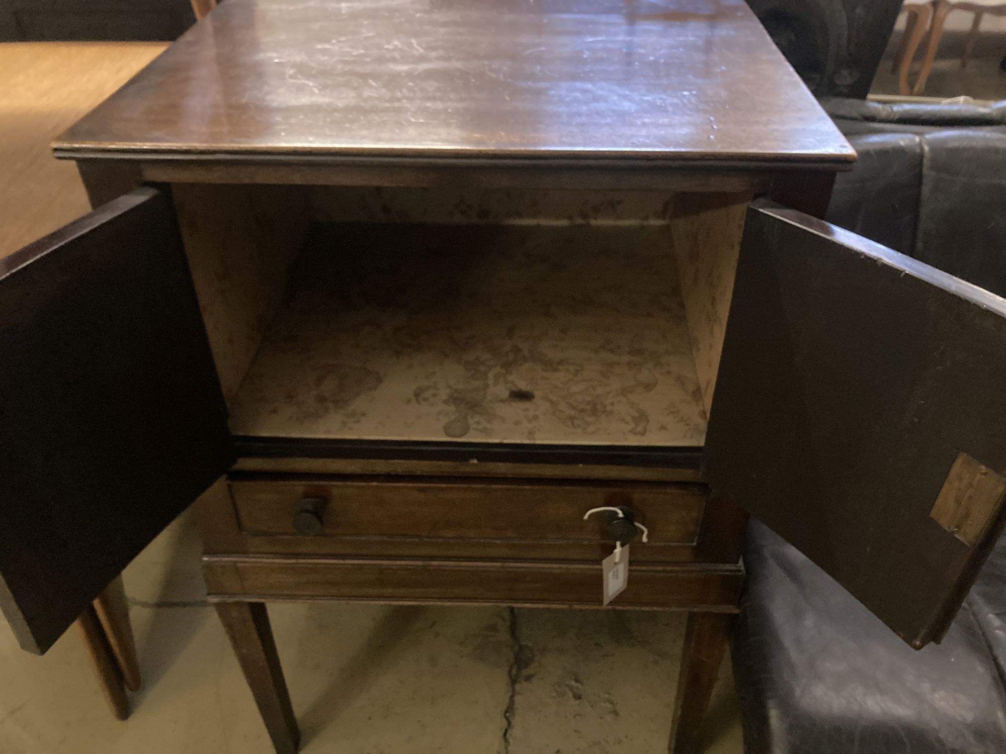 A George III mahogany cupboard, fitted drawer, width 59cm depth 52cm height 88cm